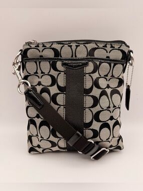 Coach Signature Authentic Canvas Crossbody Black Gray Stripe Bag